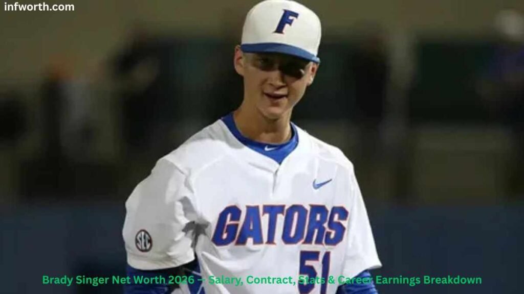 Brady Singer Net Worth 2026 – Brady Singer pitching in a Florida Gators baseball uniform during his college career.
