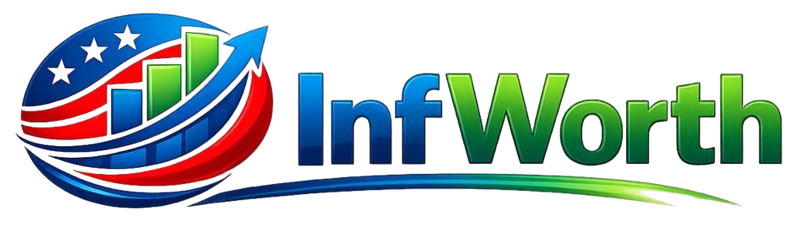 InfWorth logo featuring a USA-inspired financial growth icon with upward graph bars and the brand name, representing InfWorth Net Worth and business success.