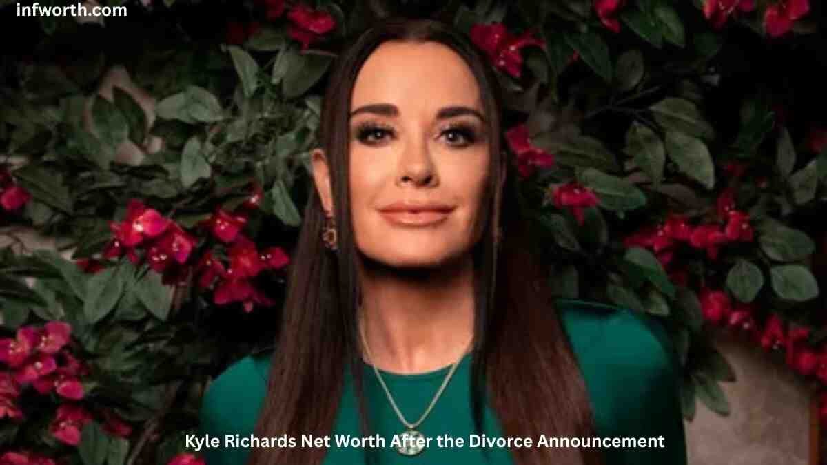 Kyle Richards posing in a green outfit, featured in an article about Kyle Richards Net Worth after her divorce announcement.