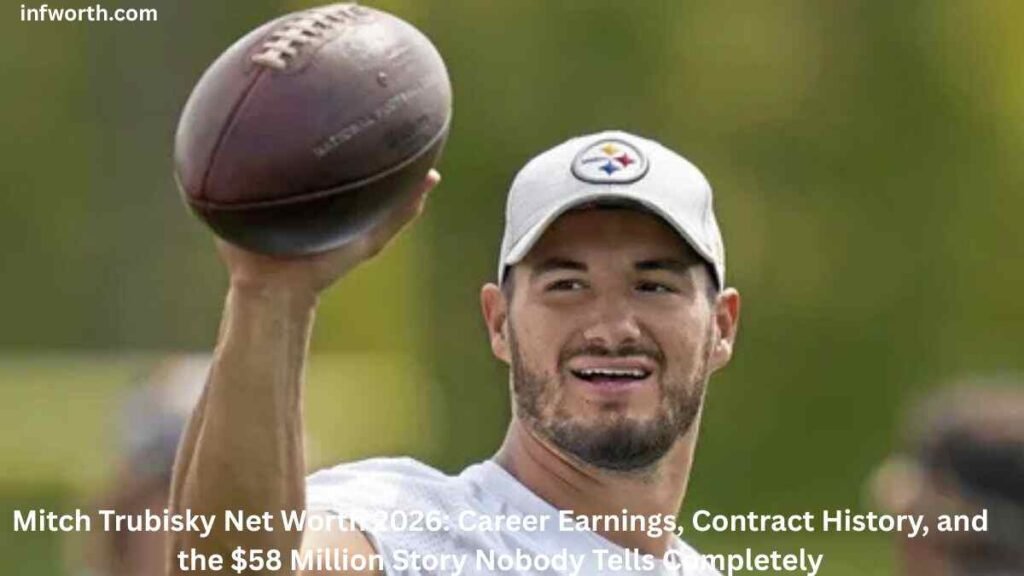 Mitch Trubisky throws a football during Tennessee Titans training camp, highlighting Mitch Trubisky Net Worth, career earnings, and NFL contract history.