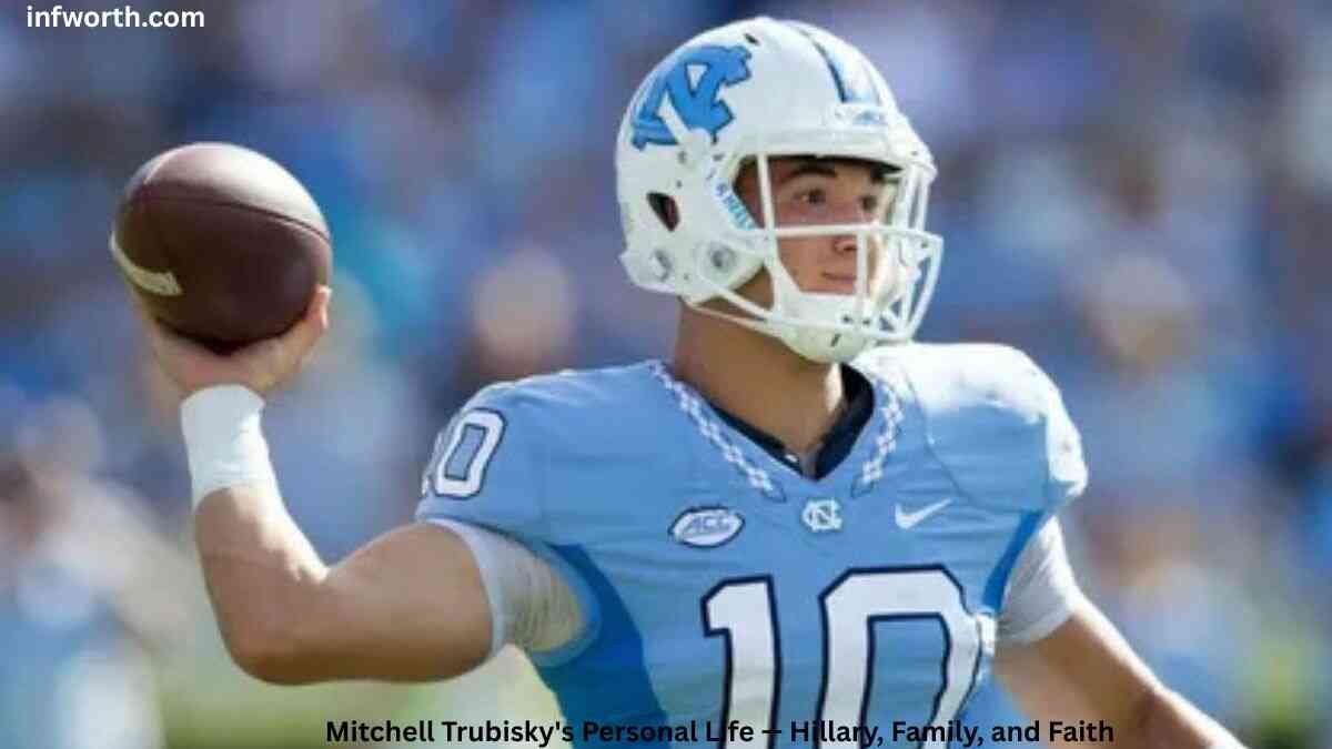 Mitchell Trubisky in his North Carolina Tar Heels uniform prepares to throw a pass during a college football game, highlighting Mitch Trubisky Net Worth and his early football career.