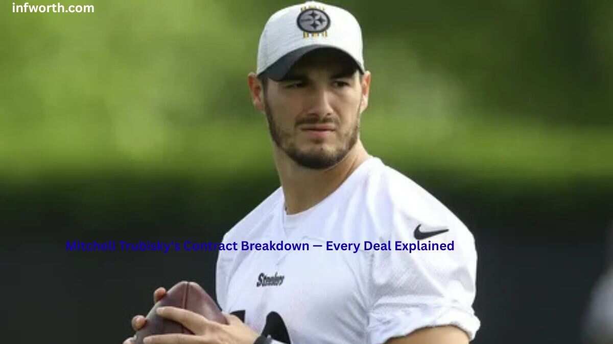Mitch Trubisky holds a football during Pittsburgh Steelers practice, illustrating Mitch Trubisky Net Worth, NFL contracts, salary, and career earnings.