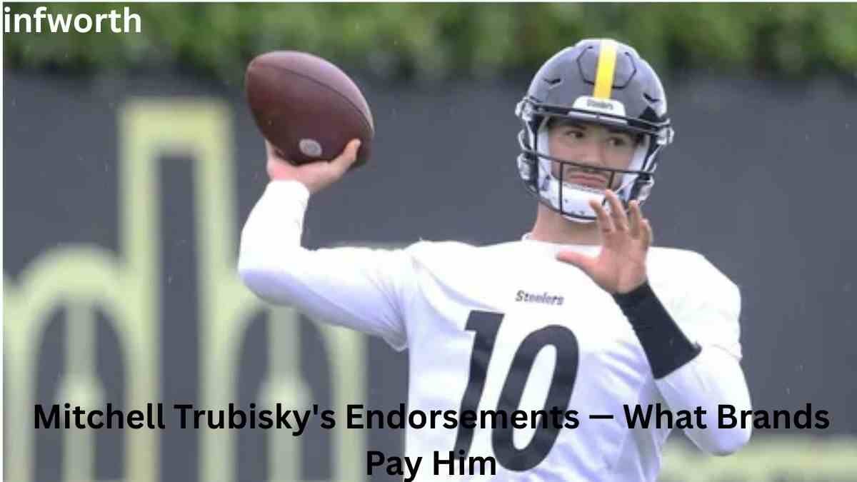 Mitch Trubisky throws a football during Pittsburgh Steelers practice, highlighting Mitch Trubisky Net Worth, endorsement deals, NFL salary, and career earnings.