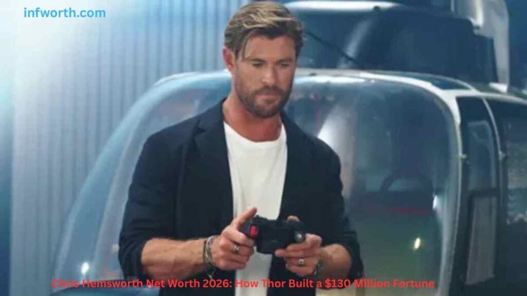 Chris Hemsworth net worth 2026 holding a device in a scene