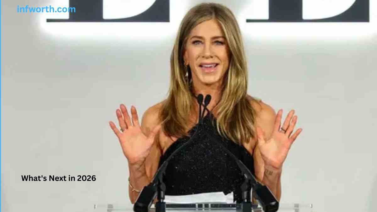 Jennifer Aniston speaking at an event about her career and future projects in 2026.