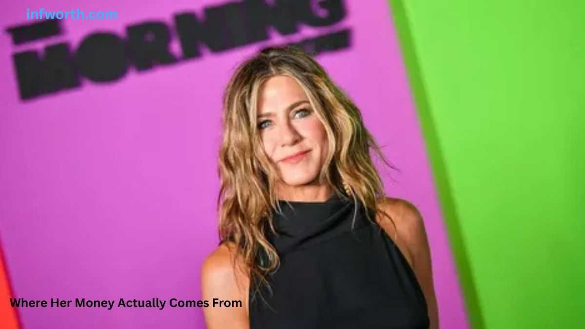 Jennifer Aniston at a public event, highlighting where her wealth and income come from.