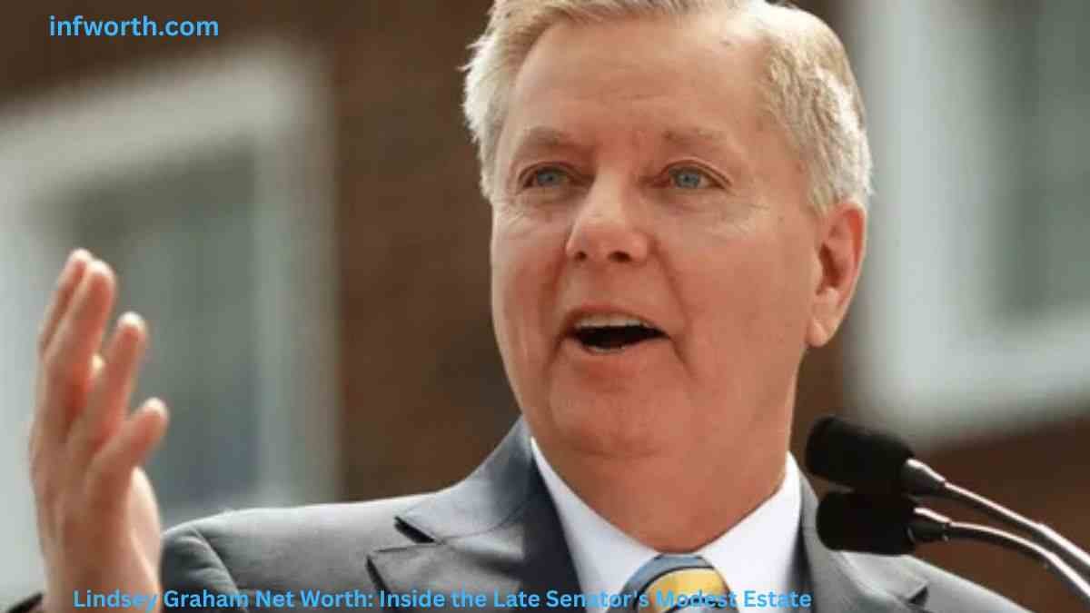 Lindsey Graham speaking at a microphone, featured in an article about Lindsey Graham Net Worth and his financial background.
