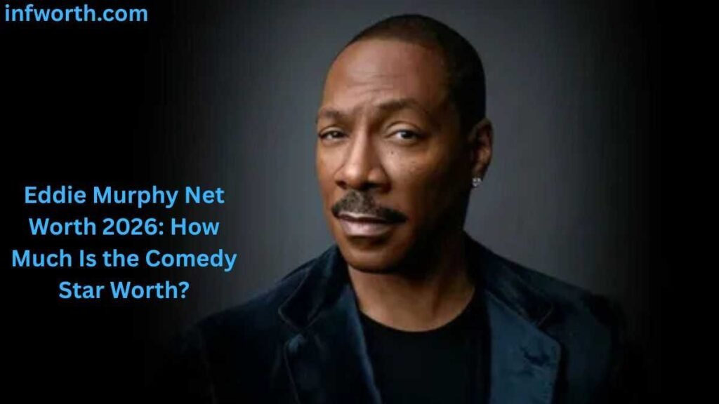 Eddie Murphy Net Worth 2026 featuring the famous comedy star in a black jacket.
