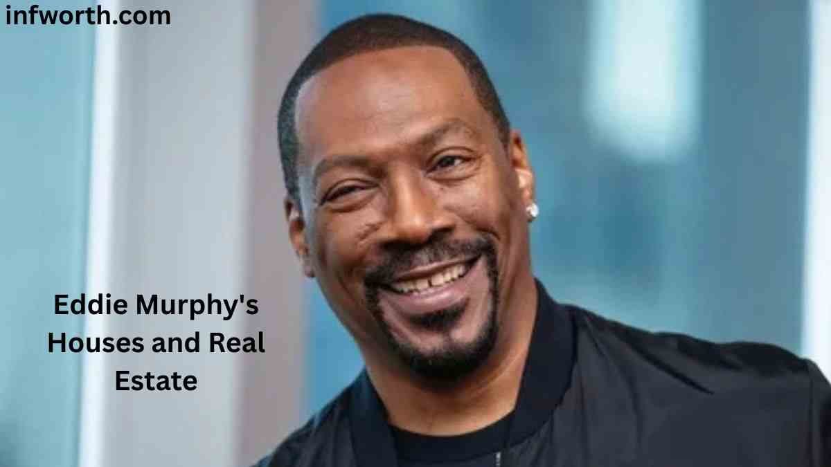 Eddie Murphy Net Worth – smiling Hollywood actor in a black jacket, featured in a section about his houses and real estate.