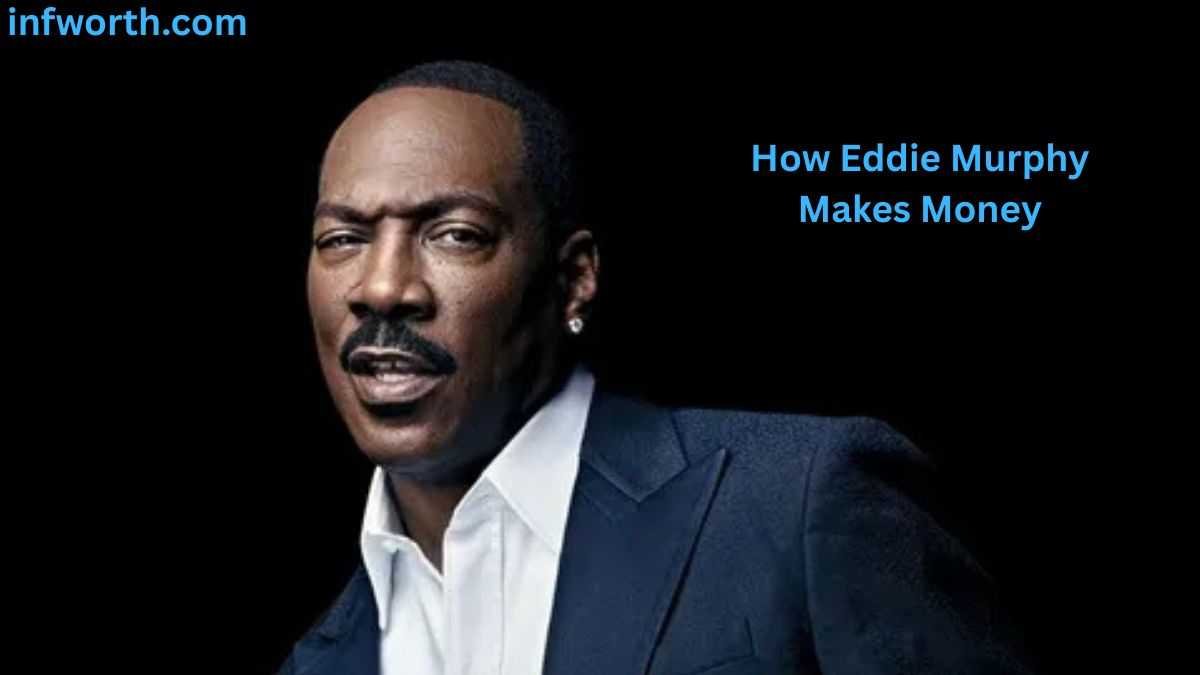 Eddie Murphy Net Worth – portrait of the Hollywood comedy star in a navy blue suit.