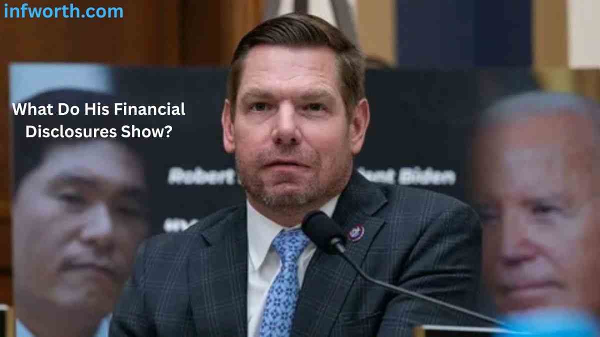 Eric Swalwell Net Worth 2026 and financial disclosures showing Eric Swalwell in a dark suit and blue tie during a congressional hearing.