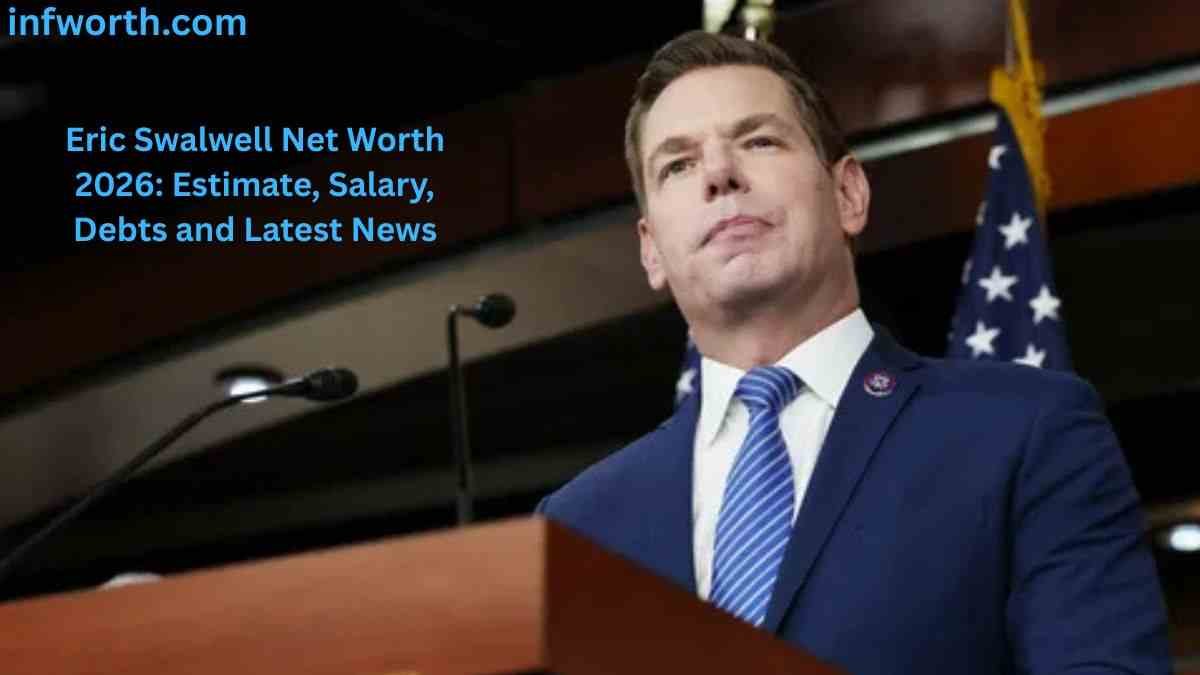 Eric Swalwell Net Worth 2026 featuring Eric Swalwell in a blue suit standing at a podium with the American flag behind him.
