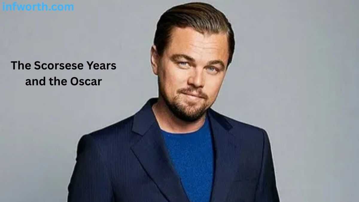 Leonardo DiCaprio Net Worth 2026, actor in a navy blue suit highlighting his Scorsese years and Oscar win